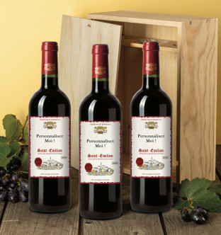 Caisse bois - 3 Saint-Emilion AOC 2020 personnalisés