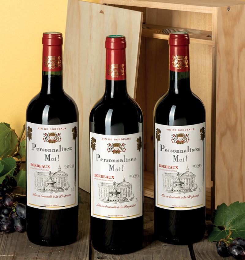 Caisse bois - 3 Bordeaux AOC 2020 personnalisés Caisse bois - 3 Bordeaux AOC 2020 personnalisés