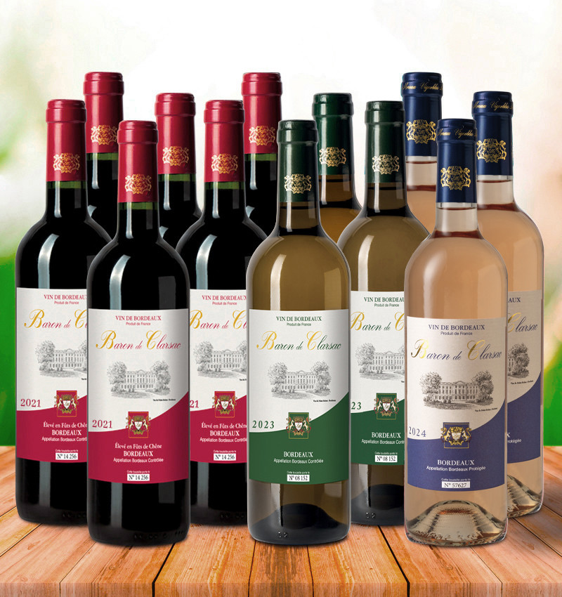 Assortiment 12 bouteilles "Baron de Clarsac rouge/blanc/rosé"