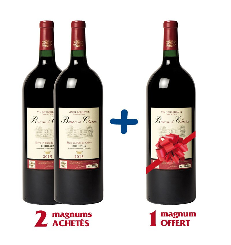 Lot de 3 magnums Baron de Clarsac Rouge 2015